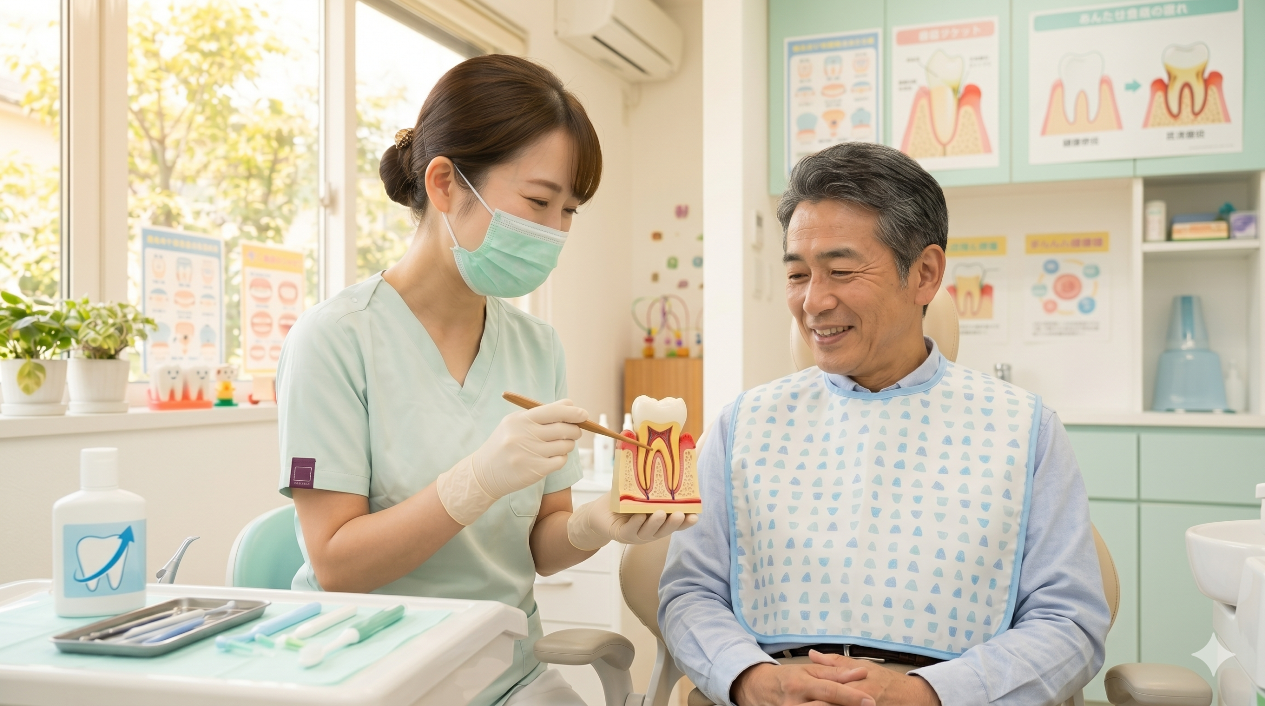 川越の歯科医院で歯周病予防のため歯ぐきの健康について説明を受ける患者