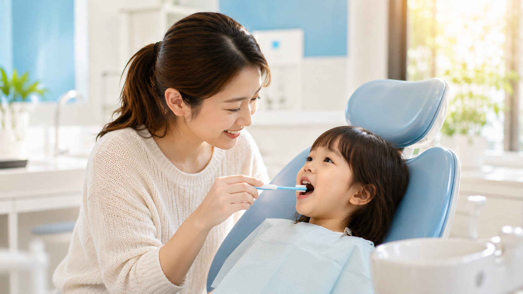 川越の歯科医院で仕上げ磨きをする親子のイメージ画像(子供のむし歯予防)