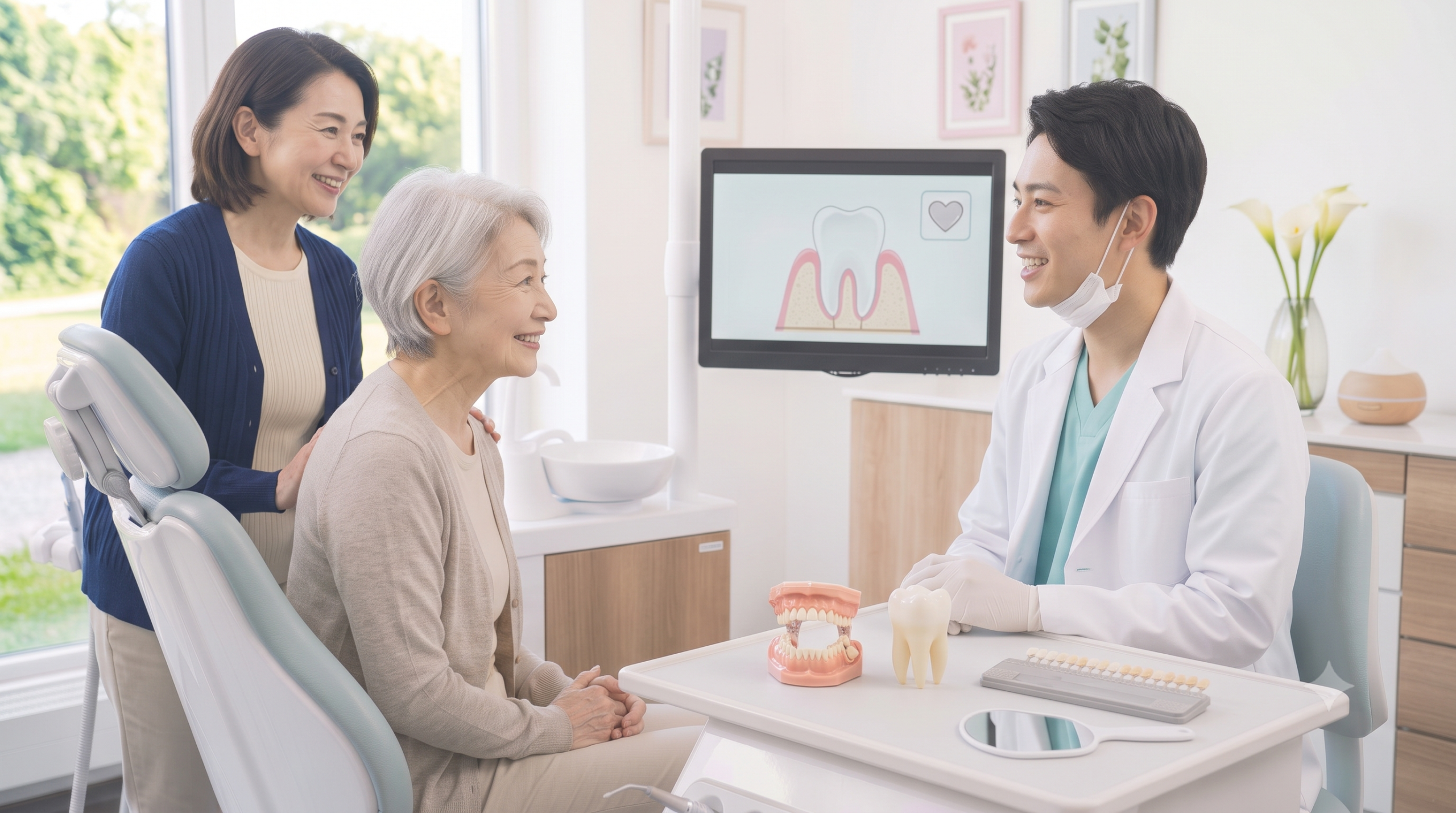 川越の歯科医院で高齢者がお口の機能について相談する様子