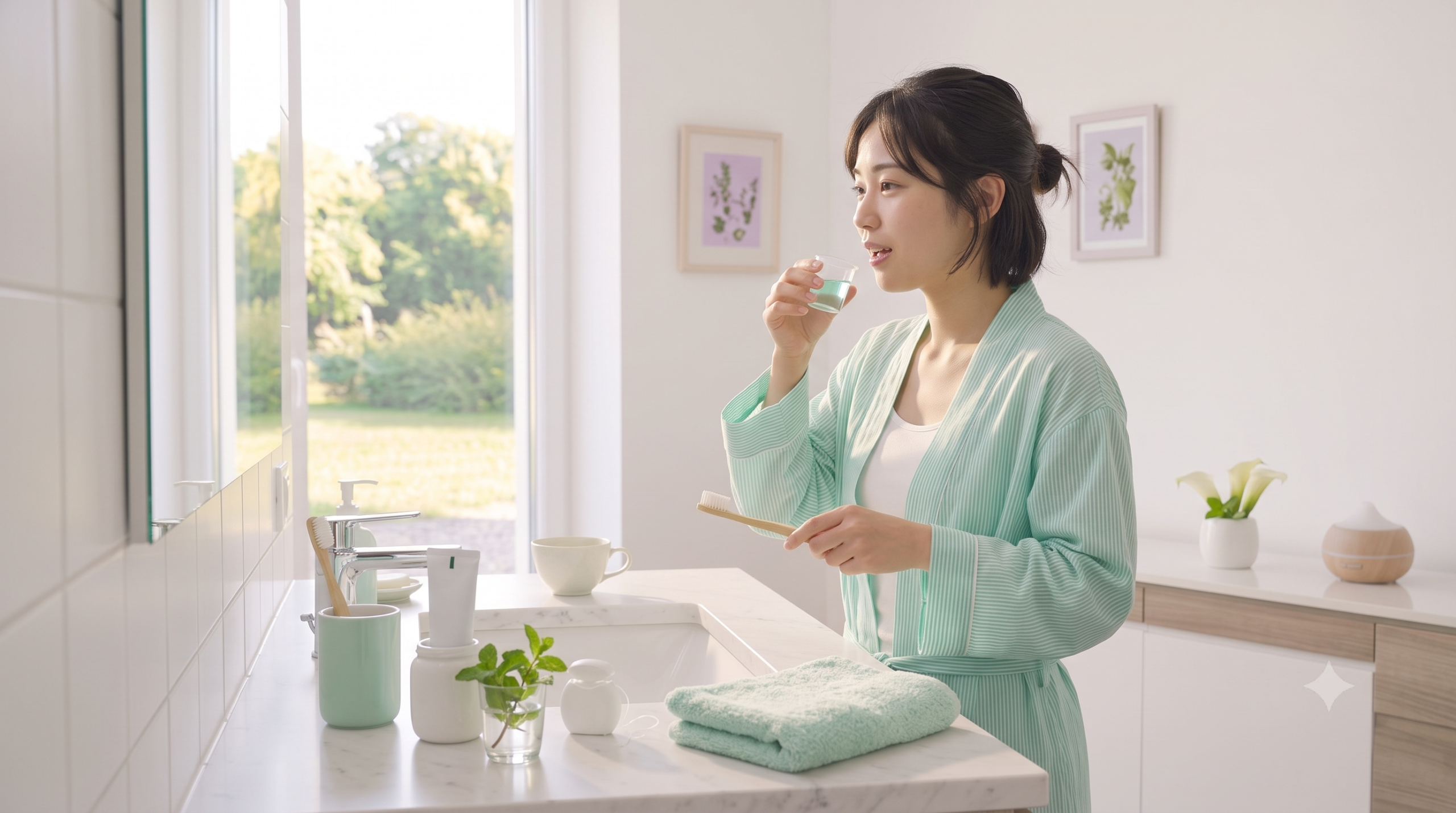 清潔感のある洗面台で口腔ケアをする様子(口臭・舌のケアをテーマにした川越の歯科医院のイメージ)