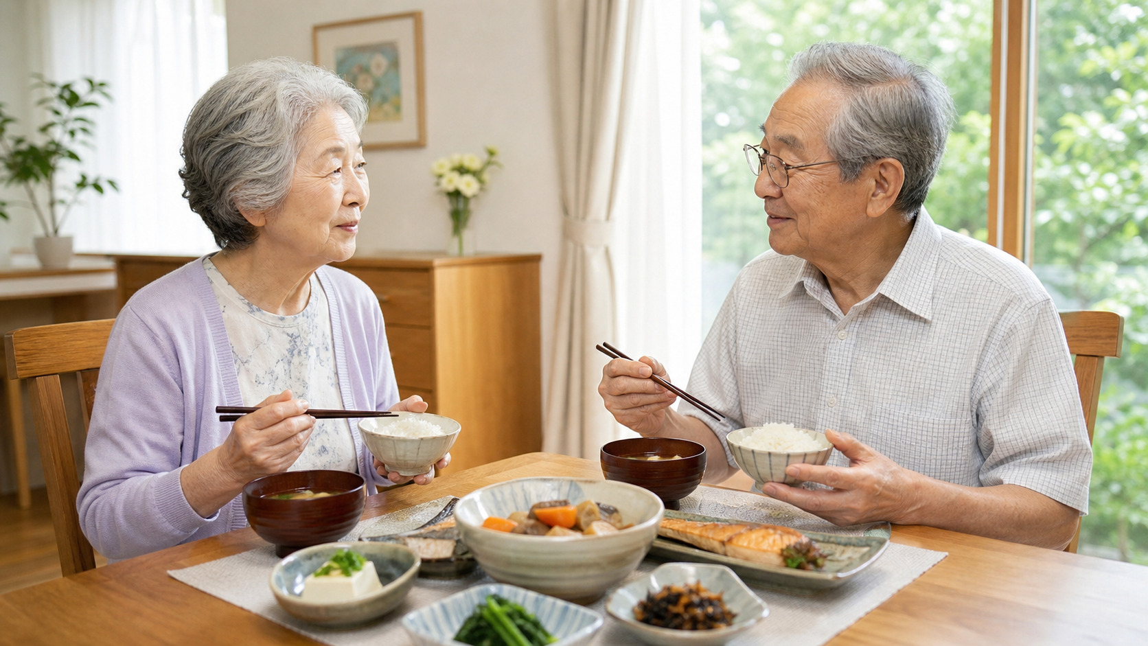 食卓で元気に食事を楽しむ高齢の夫婦の様子(8020運動を解説する川越の一デンタルパークのイメージ)