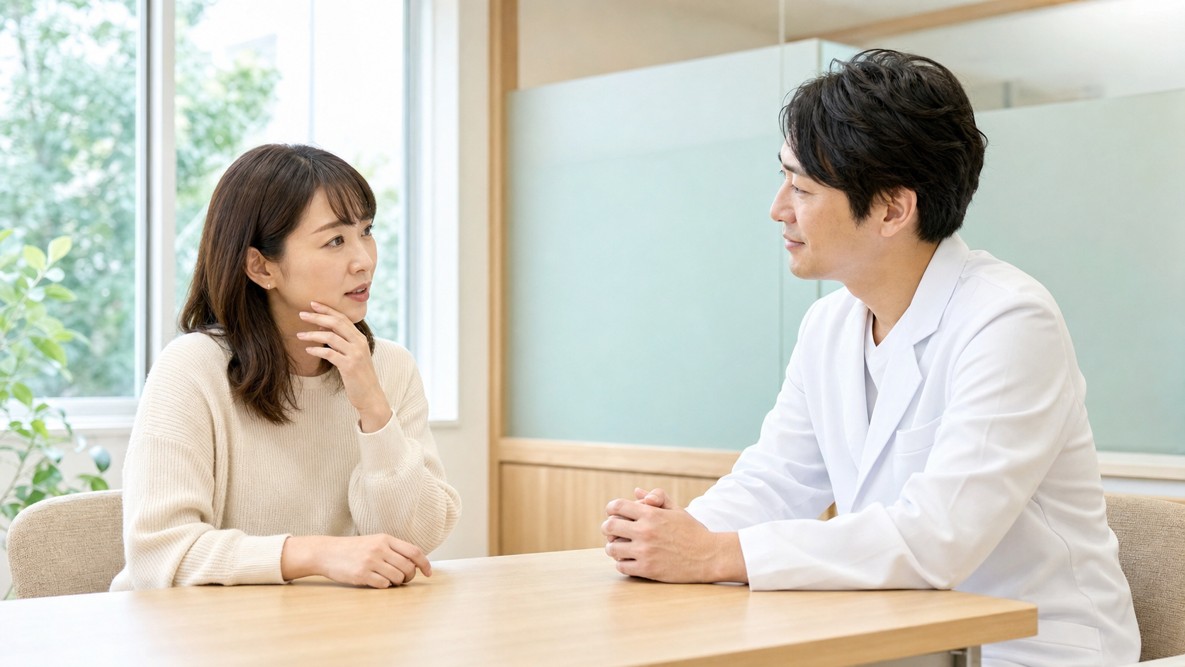 口臭について歯科医師に相談する女性の様子（川越の一デンタルパークの明るい診療室のイメージ）