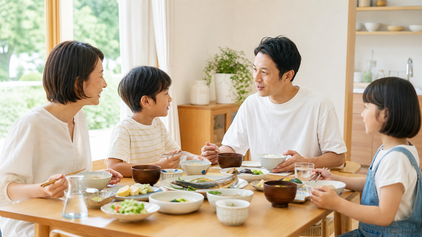 お盆の食卓で家族がゆっくり食事を楽しむ様子(噛むことの大切さを解説する川越の一デンタルパークのイメージ)