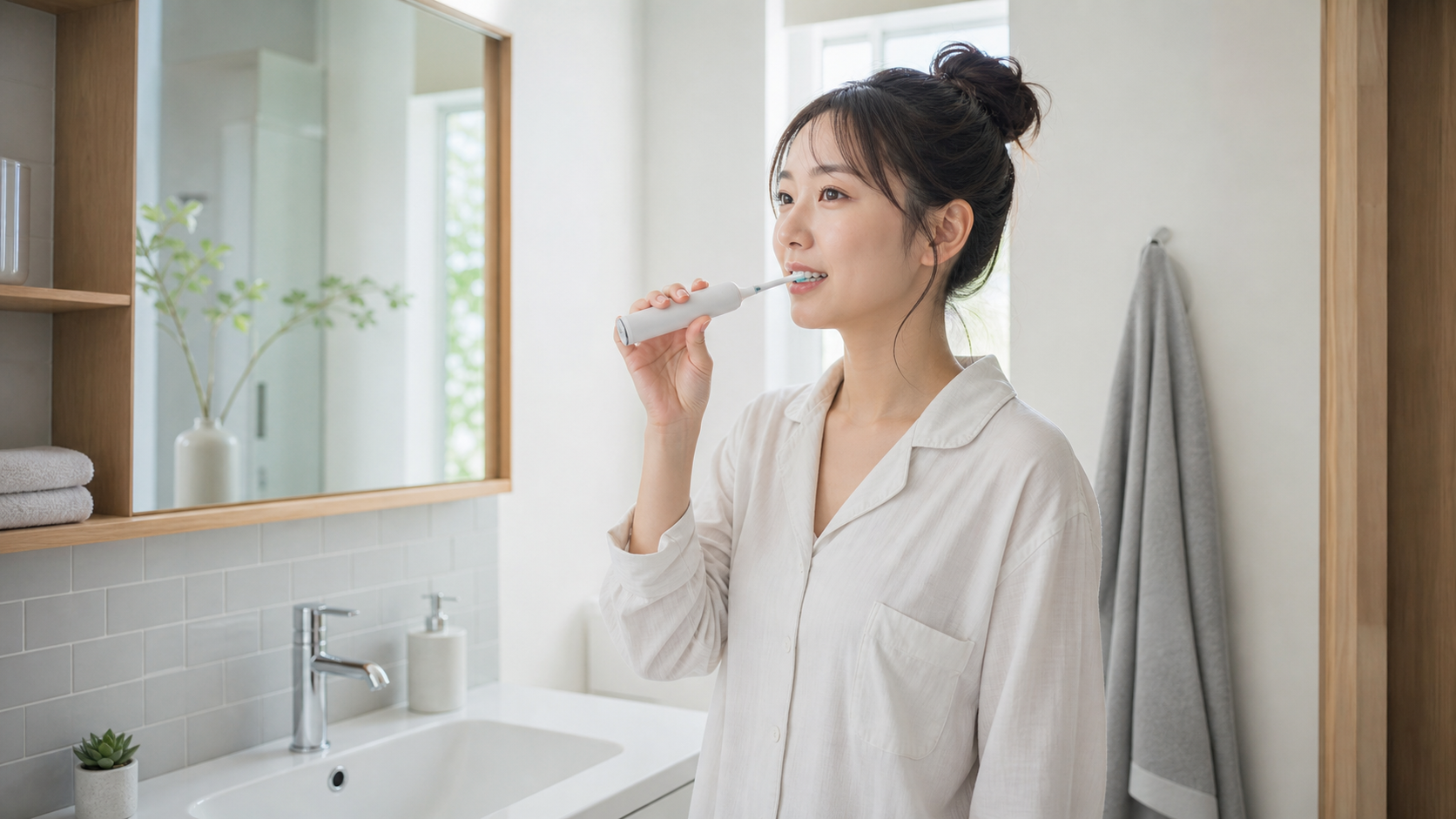 電動歯ブラシを正しく当てて歯みがきをする女性(川越の一デンタルパークが解説)