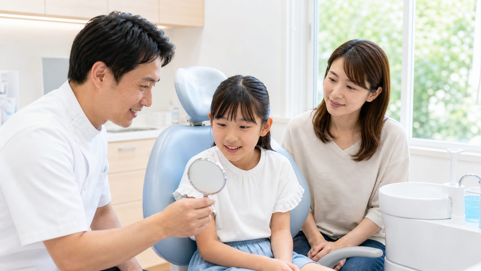 夏休みに歯科医院で歯の健診を受ける小学生と歯科医師の様子(川越の一デンタルパークのイメージ)