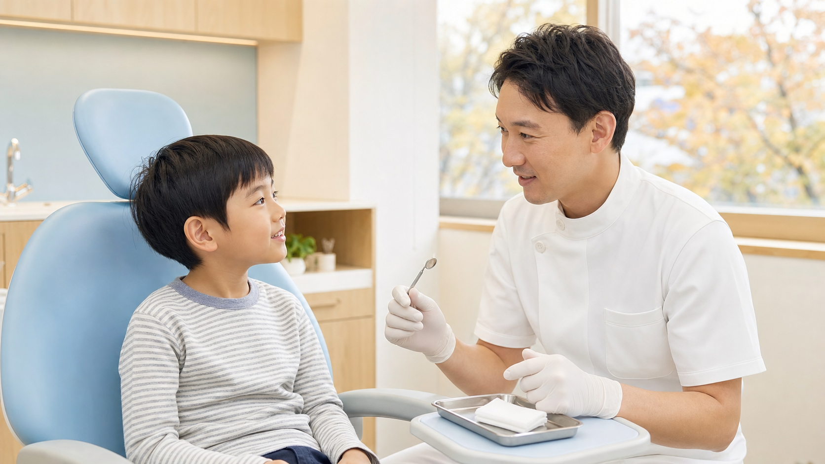 歯科医院で予防処置を受ける小学生の子どもと歯科医師の様子(シーラントを解説する川越の一デンタルパークのイメージ)