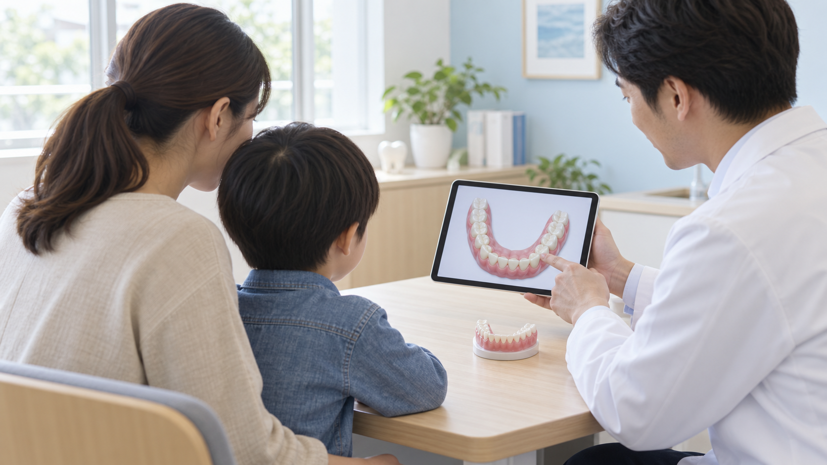 歯並びについて歯科医師に相談する親子のイメージ(矯正治療の保険適用を解説する川越の一デンタルパーク)