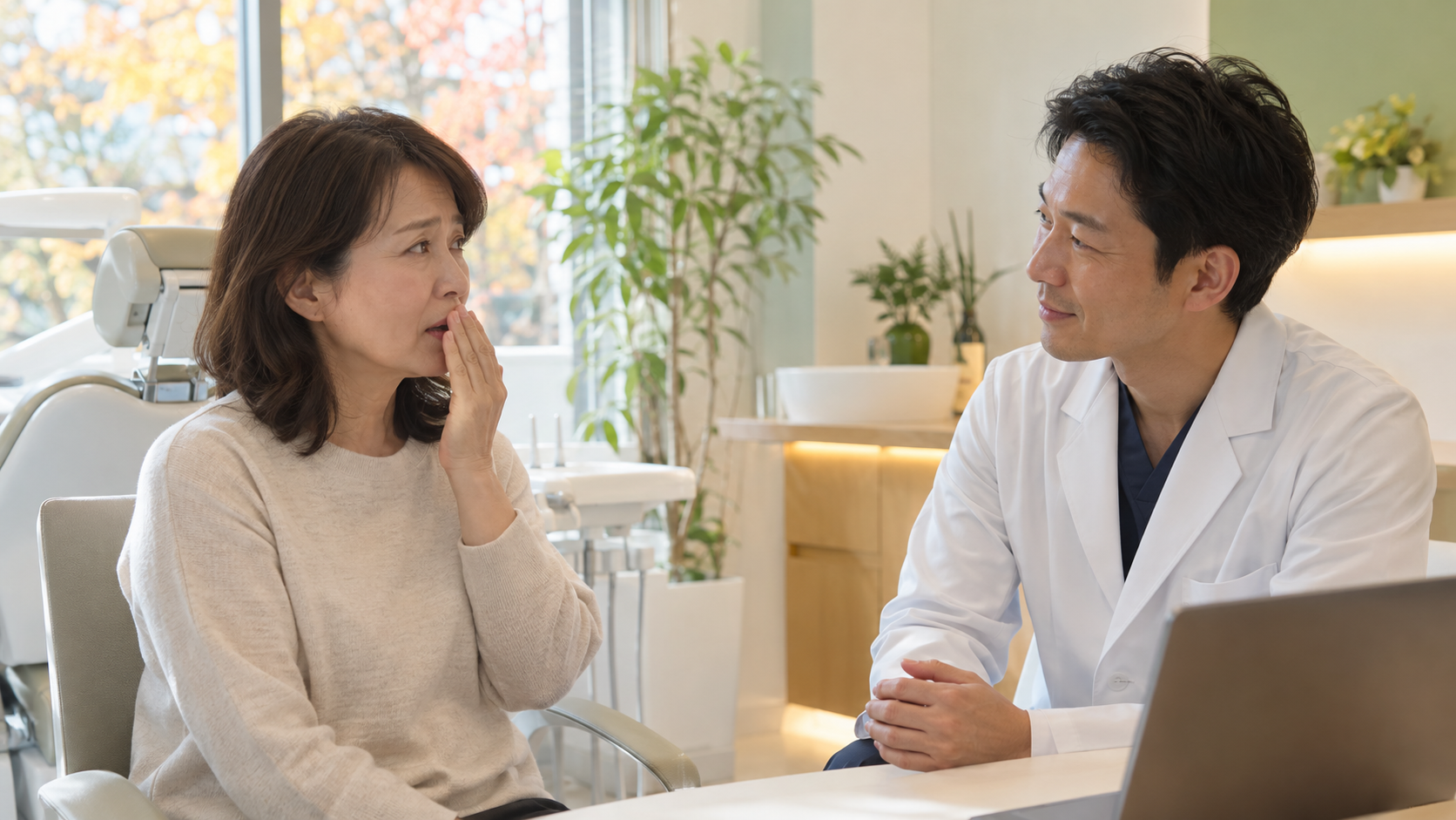 舌の違和感を気にして口元に手を添える女性と、やさしく話を聞く歯科医師(舌がヒリヒリする「舌痛症」について解説する川越の一デンタルパークのイメージ)