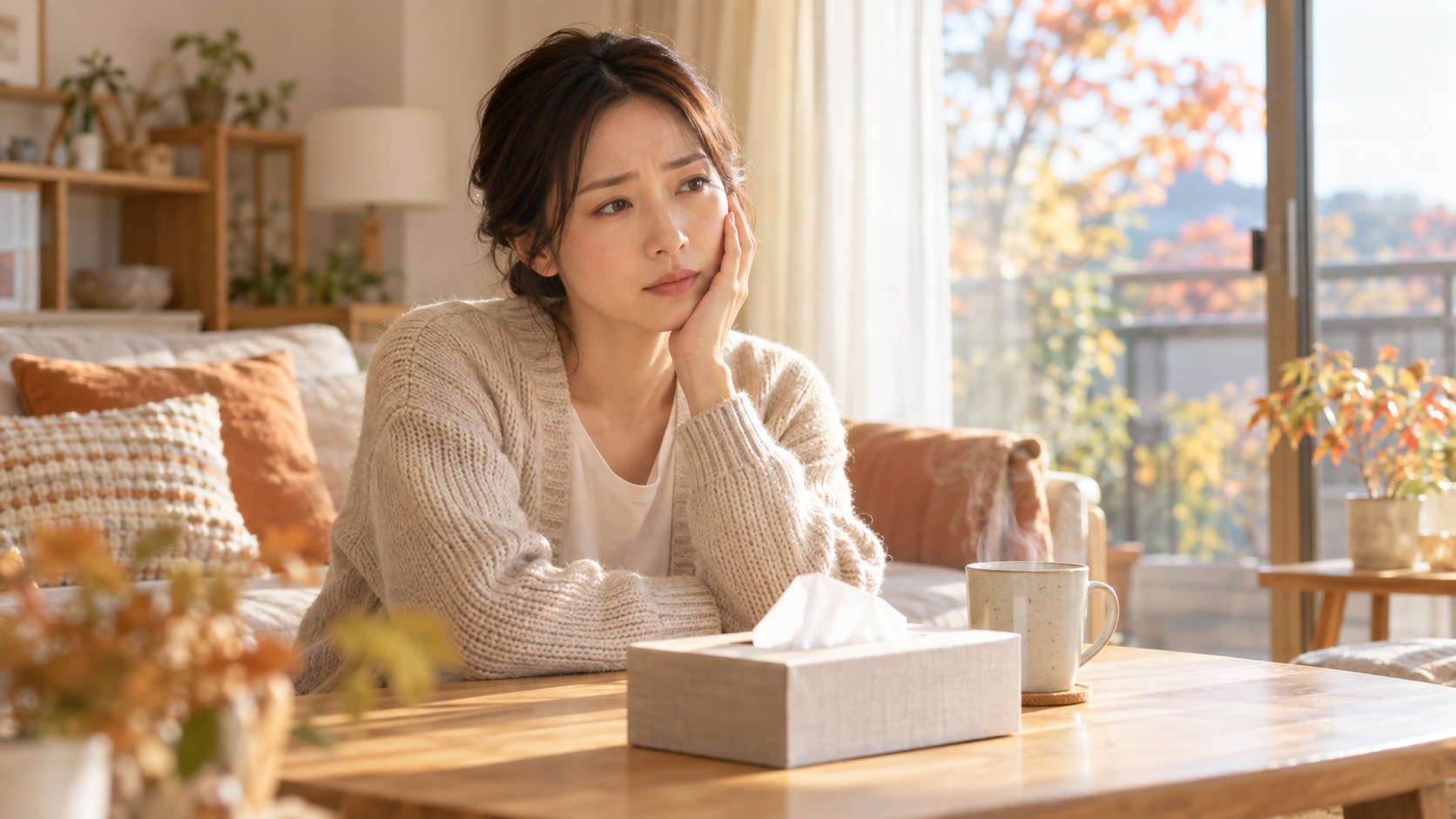 秋の室内で頬に手を当てて上の奥歯の痛みを気にする女性(歯以外が原因の歯の痛みについて解説する川越の一デンタルパークのイメージ)