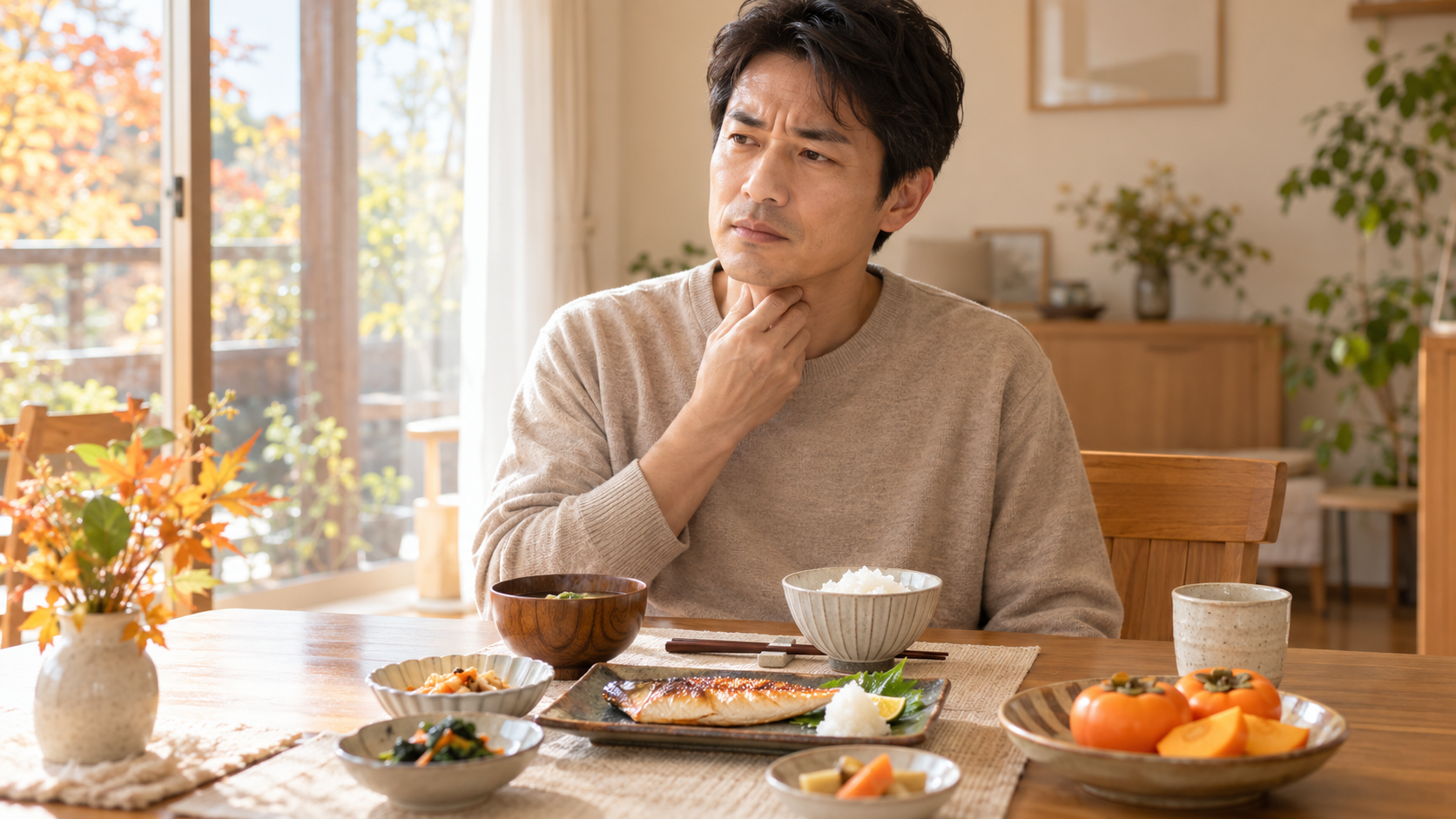 秋の食卓で顎の下に手を当てて腫れを気にする男性(唾石症について解説する川越の一デンタルパークのイメージ)
